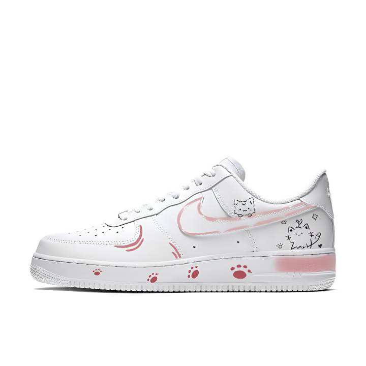 Nike Nike Air Force 1 Cat's Paws Coverage Cushioning Abrasion Resistant Low top Skateboard Shoes Women's White Pink