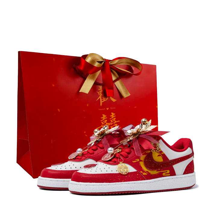 Nike Nike Court Vision Wedding Shoes, Blooming Flowers, And Full Moon Leather Low top Skateboard Shoes Unisex Red White