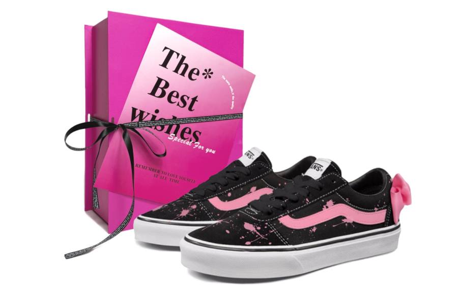 Vans Old Skool Sweetheart Mary, Ink Splatter, Bowknot Low top Skateboard Shoes Women's Black Pink