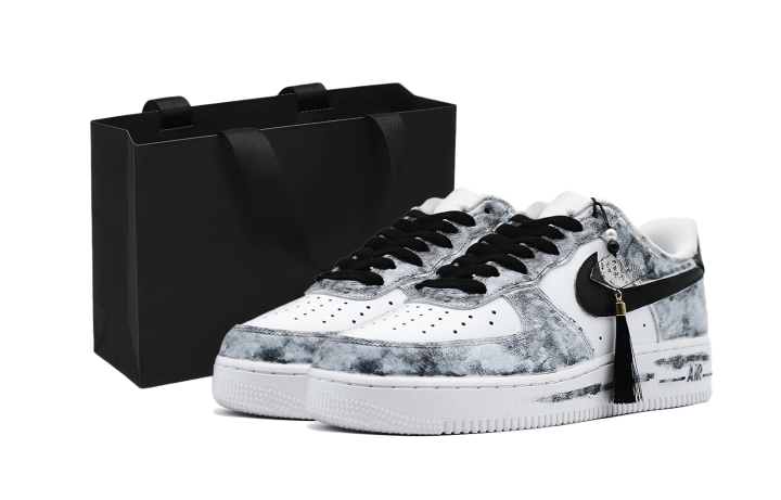 Nike Nike Air Force 1 Smoke Wave Ink Abrasion Resistant Abrasion Resistant Low top Skateboard Shoes Unisex Black White