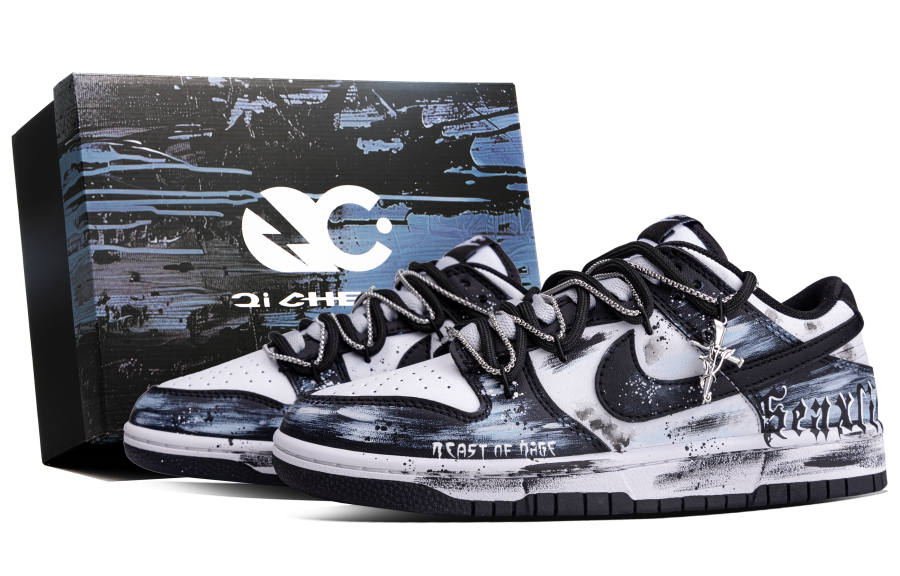 Nike Nike Dunk Dark Night Deep Blue Box Abrasion Resistant Low top Skateboard Shoes Unisex White Black Blue