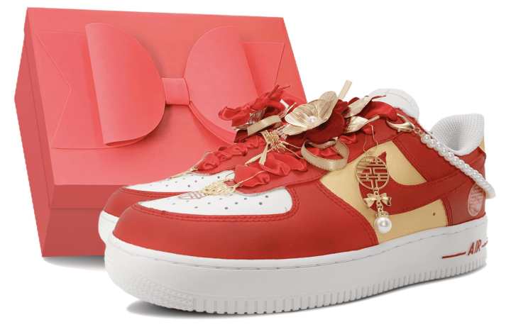 Nike Nike Air Force 1 Box, Perfect Pairing Slip Resistant Abrasion Resistant Low top Skateboard Shoes Women's White Red Gold