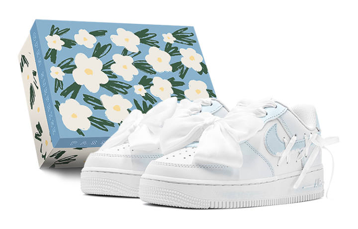 Nike Nike Air Force 1 Air Force 1, White, Ribbon Bowknot Low top Skateboard Shoes GS Blue White