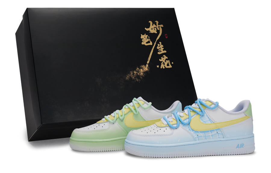 Nike Nike Air Force 1 Wondrous Brush Blossoms, Summer Water Flowers Low top Skateboard Shoes Unisex White Blue Green