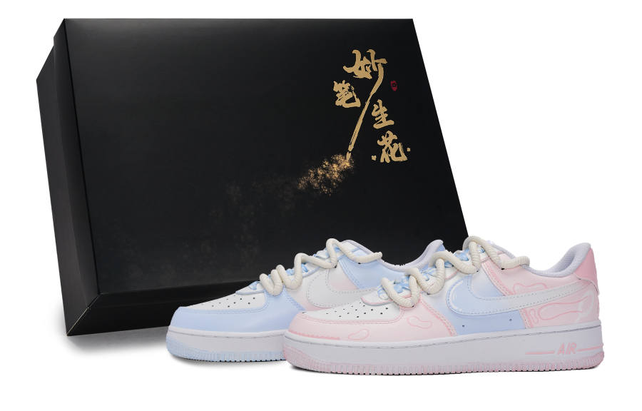 Nike Nike Air Force 1 Magic Brush Blooms, Pink Blue Bubbles Low top Skateboard Shoes Unisex White Pink Blue