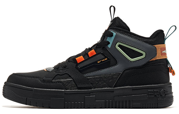 Erke Slip Resistant Lightweight Cushioning Mid top Skateboard Shoes Men's Jet Black Orange Red