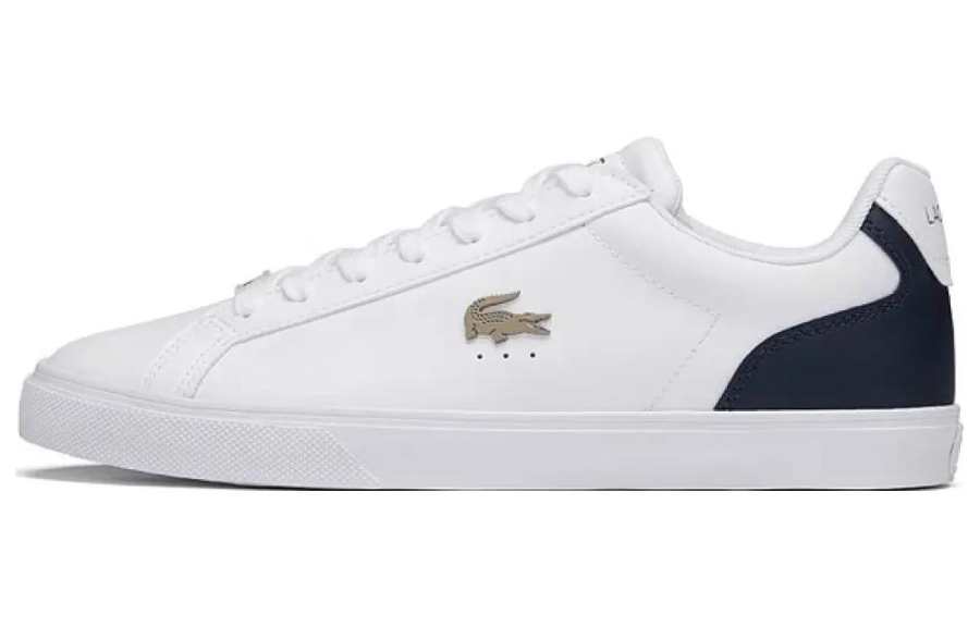 LACOSTE Leather Low top Skateboard Shoes Men's White Navy Blue