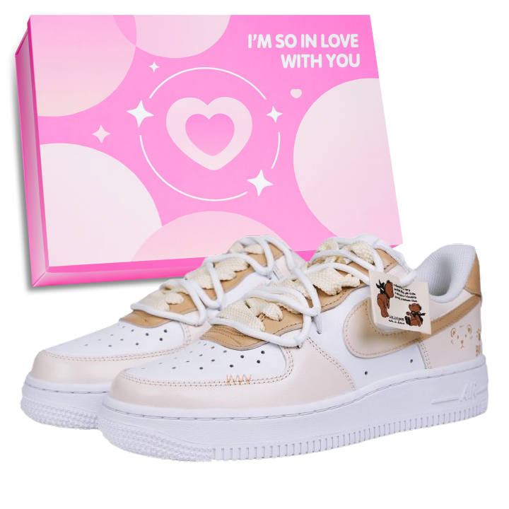 Nike Nike Air Force 1 Little Bear English Slip Resistant Abrasion Resistant Low top Skateboard Shoes Unisex Brown White