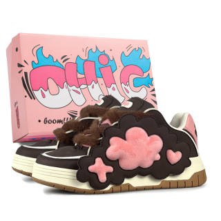 OHJC Puffy Shoes Slip Resistant Abrasion Resistant Low top Skateboard Shoes Women's Pink Brown