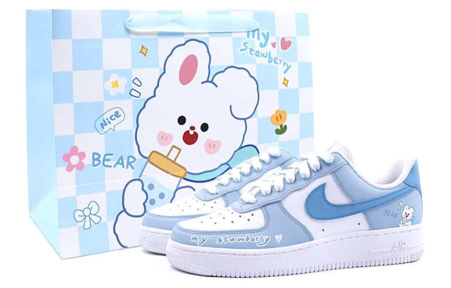 Nike Nike Air Force 1 Milk Tea Bunny Slip Resistant Abrasion Resistant Low top Skateboard Shoes Women's White Blue