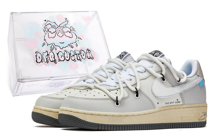 Nike Nike Air Force 1 Low Da Vinci Custom Box, Gray Cement Low top Skateboard Shoes GS Gray White