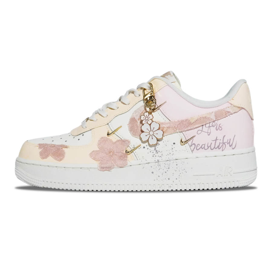 Nike Nike Air Force 1 Slip Resistant Cushioning Abrasion Resistant Low Top Skateboard Shoes Women's Gold Pink White