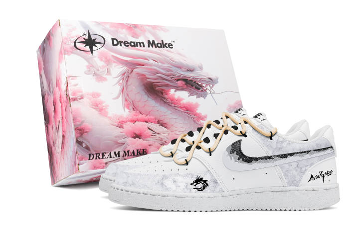 Nike Nike Court Vision 1 Dragon Pattern Pink Box Slip Resistant Abrasion Resistant Low top Skateboard Shoes Men's White Gray