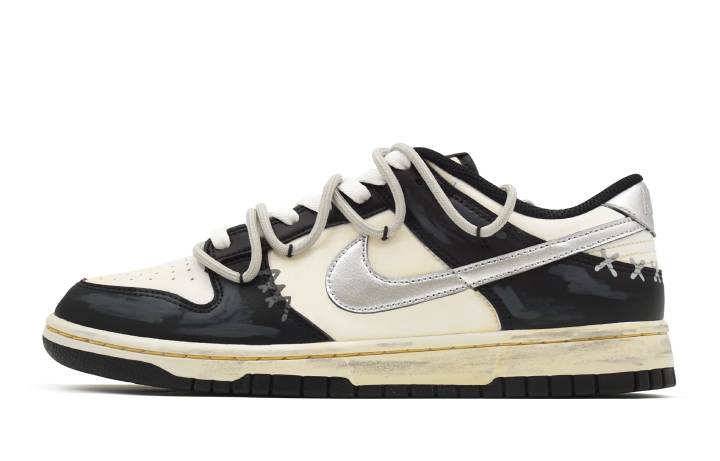 Nike Nike Dunk Metallic Silver Fox, Vintage Distressed Style Abrasion Resistant Low top Skateboard Shoes Unisex Black Gray