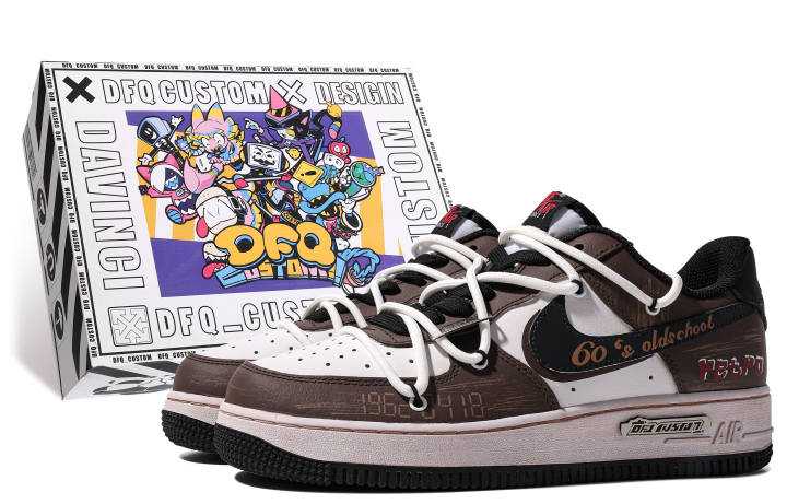 Nike Nike Air Force 1 Low ADCDAVINCI Custom, American 60's Skateboard Shoes Women's Brown White Black