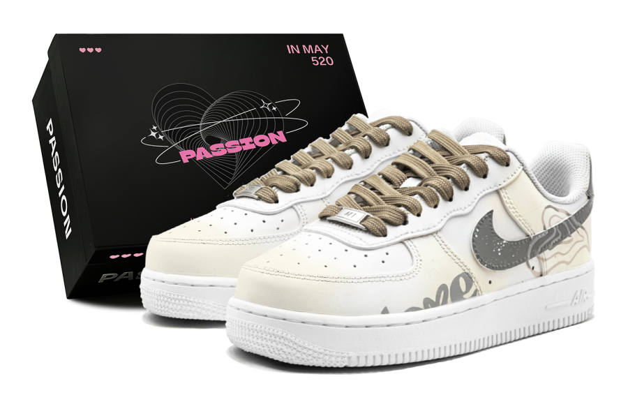 Nike Nike Air Force 1 Romantic Treat, Milk Coffee Heart, Couple's Low top Skateboard Shoes Unisex Yellow Brown