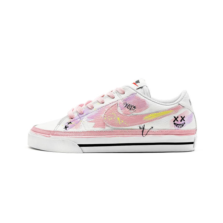 Nike Nike Court Legacy Pink Graffiti Waterproof Abrasion Resistant Lightweight Low top Skateboard Shoes Unisex White