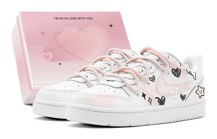 Nike Nike Court Borough Couple's, Romantic Gift, Black Pink Lucky Heart, Versatile Fashion, Lightweight Comfortable Leather