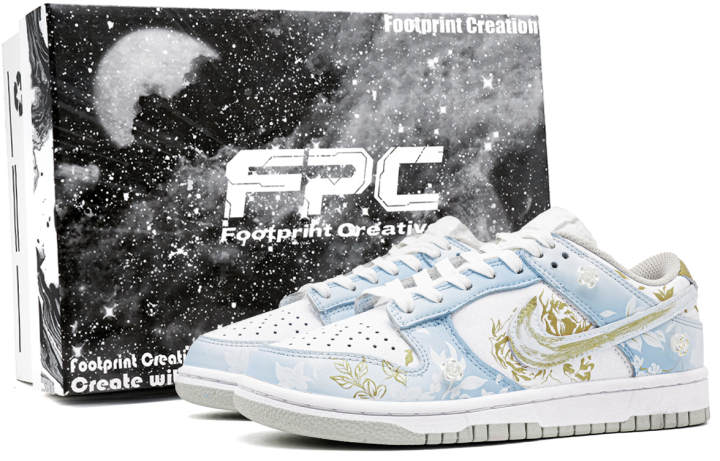 Nike Nike Dunk Brocade Footprint Innovation Leather Abrasion Resistant Low top Skateboard Shoes Unisex Blue Gold Color