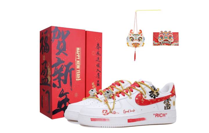 Nike Nike Air Force 1 Wishing You Prosperity Slip Resistant Abrasion Resistant Low top Skateboard Shoes Men's White Red