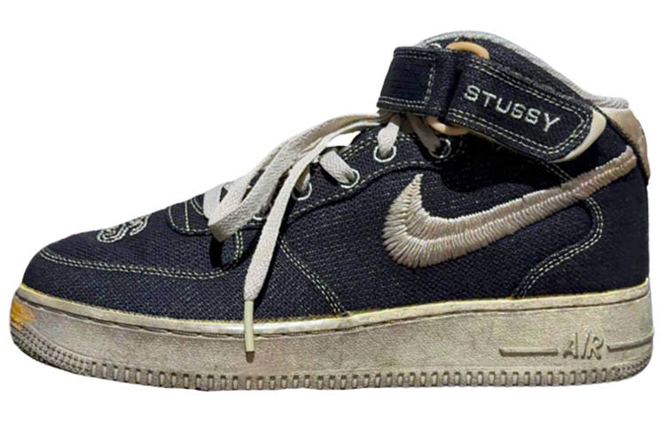 Nike Stussy x Nike Air Force 1 Fashion Slip Resistant Abrasion Resistant Mid top Skateboard Shoes Men's Dark Blue