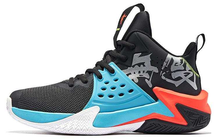 QIAODAN Support Abrasion Resistant Breathable Slip Resistant Mid top Basketball Shoes Men's Black Blue