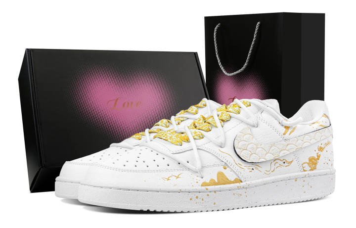 Nike Nike Court Vision 1 Golden Snake Soaring Clouds Heart Box Abrasion Resistant Low top Skateboard Shoes Men's White Gold
