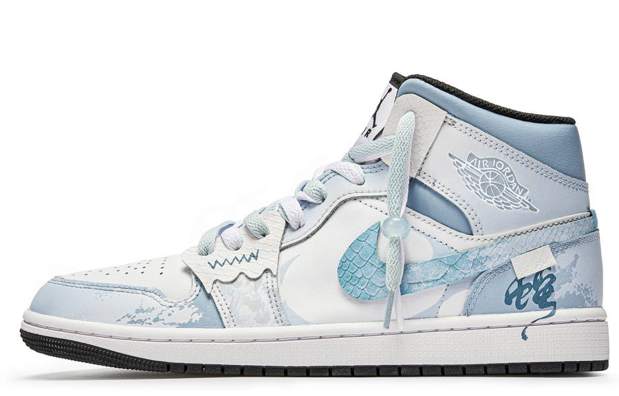 Jordan Jordan Air Jordan 1 Mid Super Bagel, Turquoise Scales Swim CNY Spirit Snake Nari, Snake Luck Head Slip Resistant