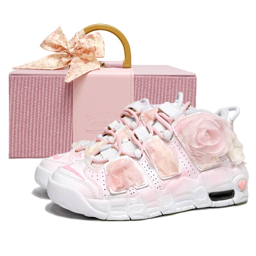 Nike Nike Air More Uptempo GS Pure White Bridal, Dreamy Box Cushioning Mid top Basketball Shoes Women's White Pink