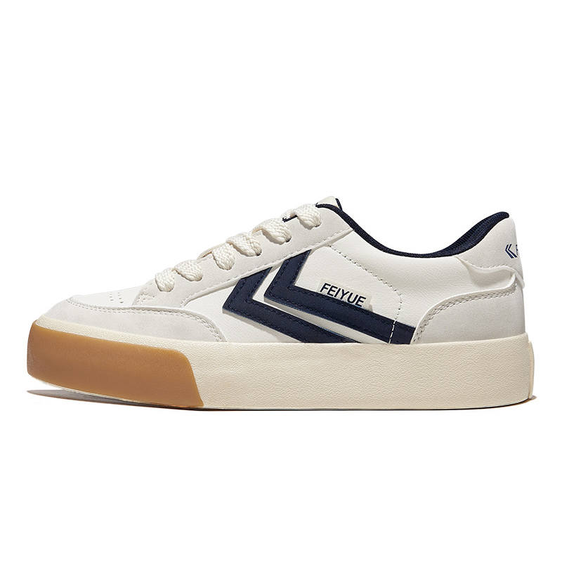 FEIYUE Retro Sports Slip-Resistant Abrasion-Resistant Low-top Skateboard Shoes Unisex Beige Dark Blue