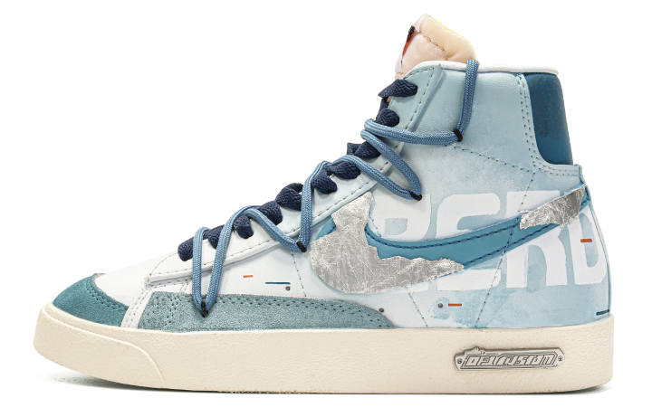Nike Nike Blazer Da Vinci Custom, Words Abrasion Resistant Abrasion Resistant Mid top Skateboard Shoes Men's Blue White