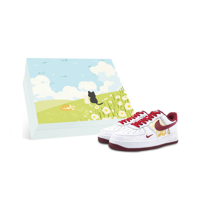 Nike Nike Air Force 1 Slip Resistant Abrasion Resistant Low top Skateboard Shoes Men's White Red Gold