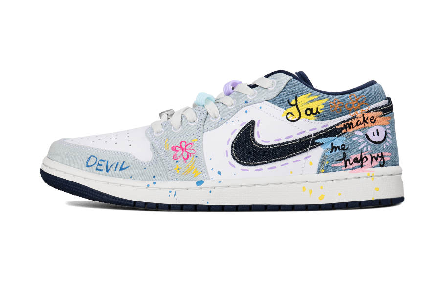 Jordan Jordan Air Jordan 1 Denim Abrasion Resistant Low top Basketball Shoes Men's White Blue