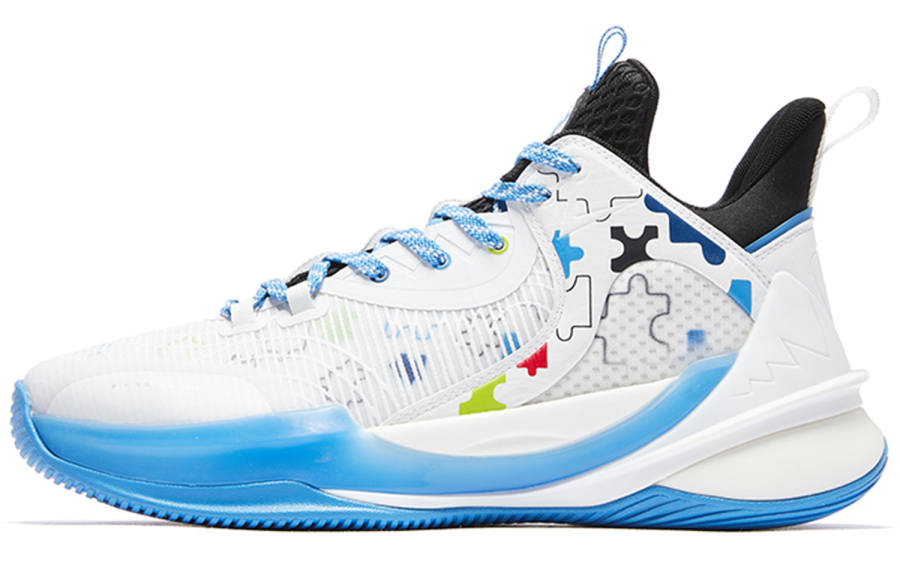 QIAODAN Poisonous Fangs 2.0 Cushioning Slip Resistant Abrasion Resistant Mid top Basketball Shoes Men's White Blue