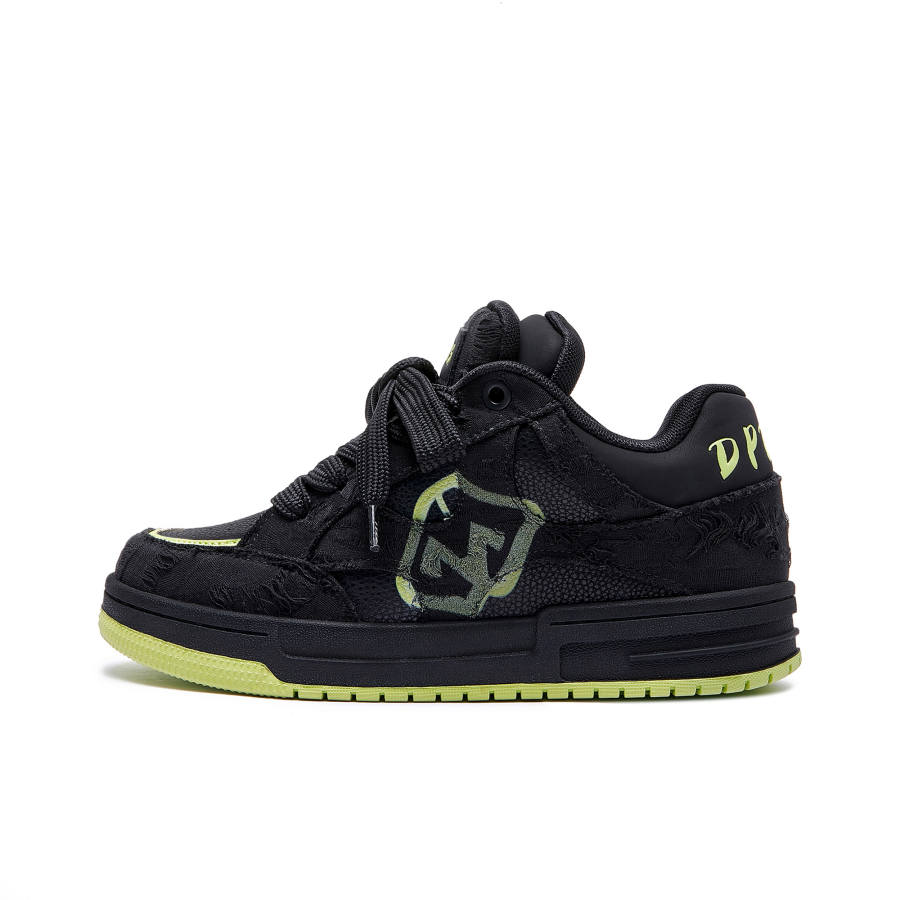 MQMS Distressed Aesthetic Collection Black Knight Trendy Puffy Shoes Low top Skateboard Shoes Unisex Black Green