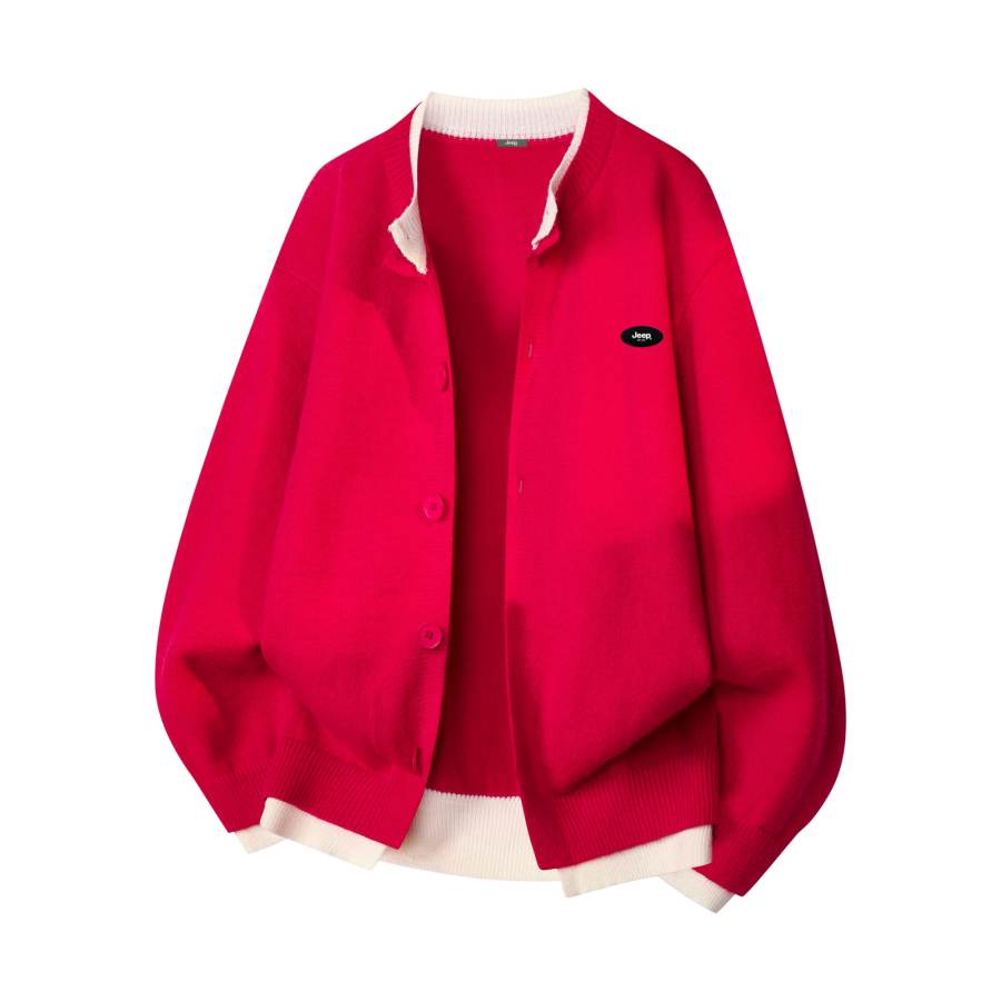 Jeep Sweaters Unisex Red Crew Neck Thickened Cardigan