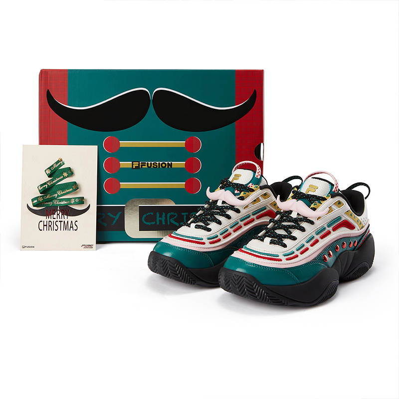FILA FUSION FIRE XMAS Flame Shoes Versatile Abrasion Resistant Low top Vintage Basketball Shoes Women's White Green