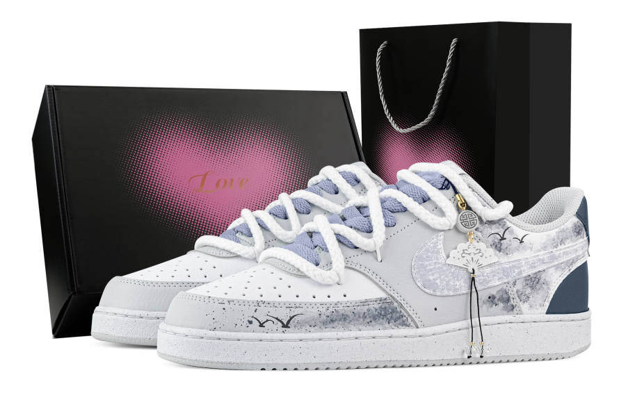 Nike Nike Court Vision Azure Porcelain Charm, Heart Box Abrasion Resistant Low top Skateboard Shoes Men's White Gray Blue