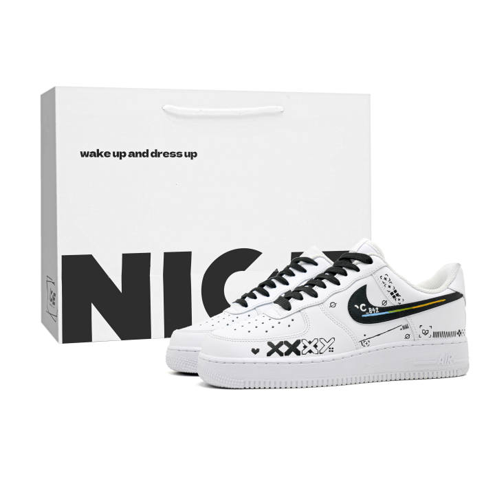 Nike Nike Air Force 1 Print Collection 2.0 Cushioning Lightweight Low top Skateboard Shoes Unisex Black White