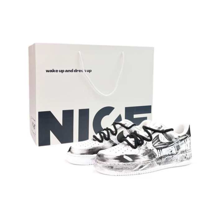 Nike Nike Air Force 1 Ink Stain Mystery Abrasion Resistant Low top Skateboard Shoes Unisex Black White