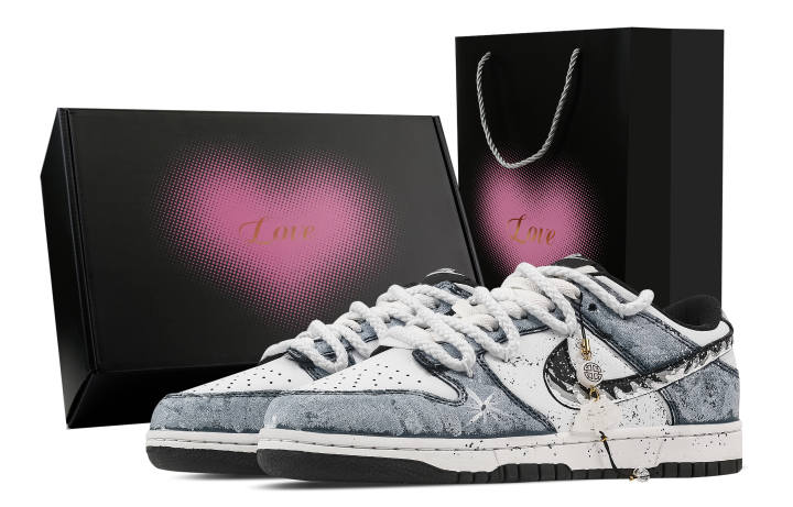Nike Nike Dunk Ink Wave Star Hang, Heart Box Leather Abrasion Resistant Low top Skateboard Shoes Unisex White Blue
