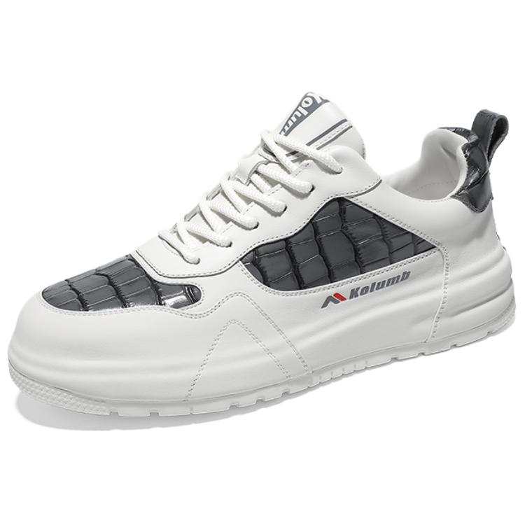 KOLUMB Top Grain Cow Leather Cushioning Slip Resistant Low top Skateboard Shoes Men's White Gray