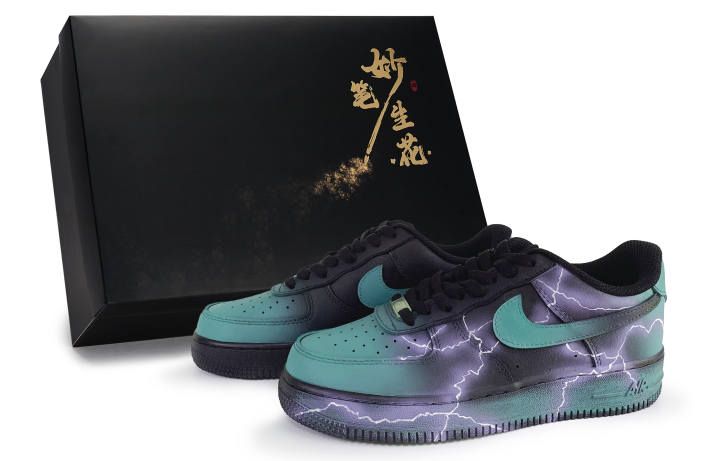 Nike Nike Air Force 1 Wondrous Brush Blossoms, Thunder Realm Abrasion Resistant Low top Skateboard Shoes Unisex Black Cyan