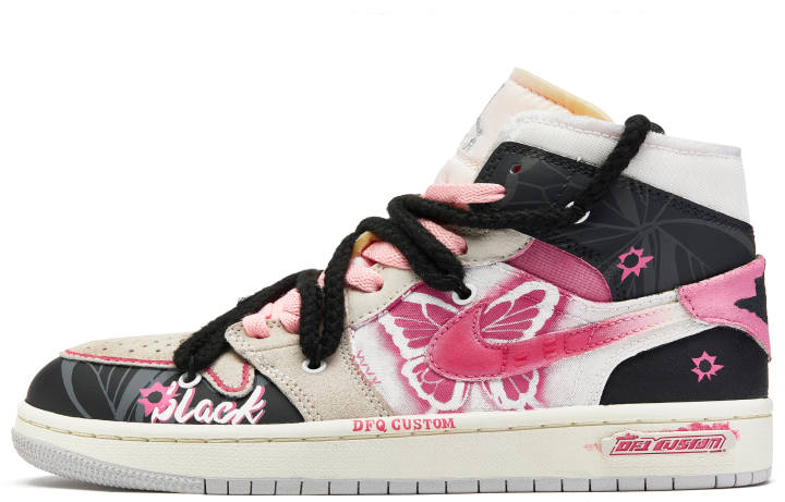 Jordan Jordan Air Jordan 1 Da Vinci Custom, Pink Ink Butterfly Shadow Cushioning Slip Resistant Cushioning Slip Resistant