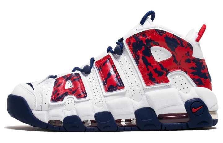 Nike Nike Air More Uptempo Red Navy Camo Air Synthetic Leather Cushioning Slip Resistant Abrasion Resistant Mid top