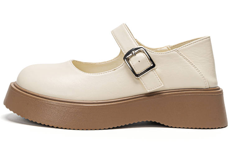 Warrior Leather Chunky Heel Mary Jane Shoes Women's Beige