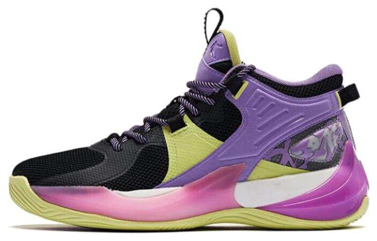 QIAODAN Battle Halberd Cushioning Slip Resistant Abrasion Resistant Mid top Basketball Shoes Men's Black Cyan Purple