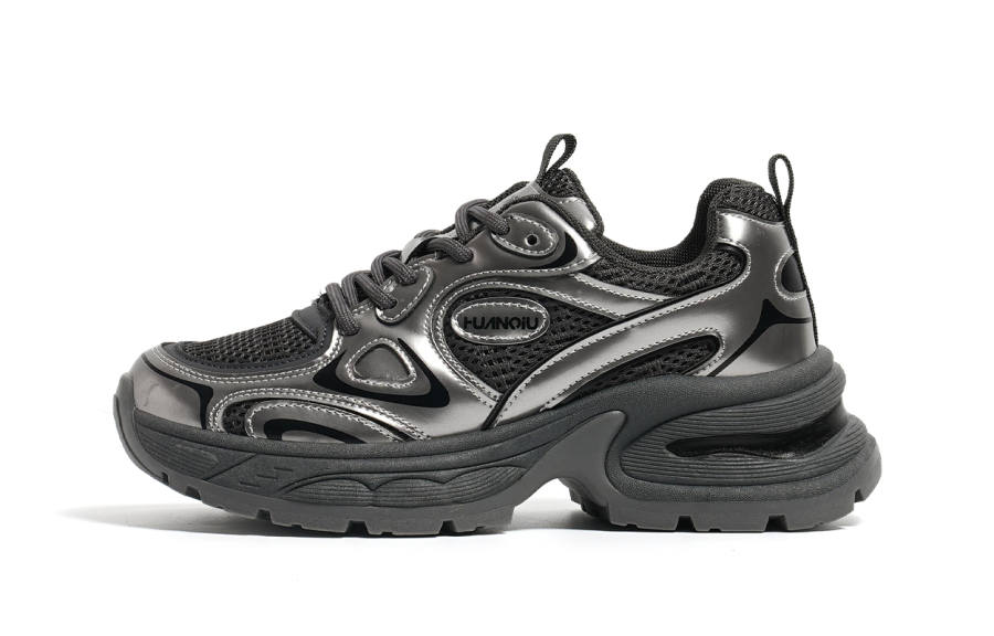 HUANQIU Abrasion Resistant Lightweight Height Increasing Low top Chunky Sneakers Women's Black Silver