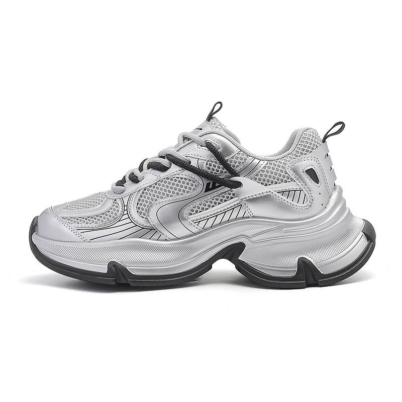 Warrior Synthetic Leather Breathable Lightweight Height Increasing Low top Chunky Sneakers Women's Silver Black