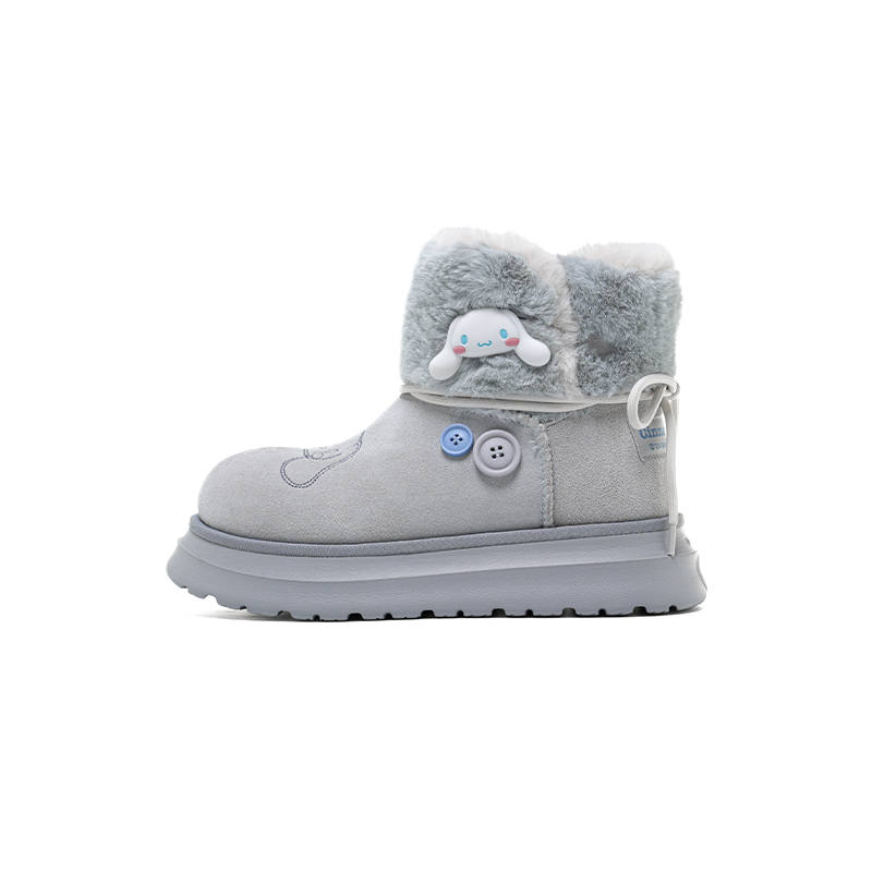OLD ORDER Sanrio x OLD ORDER Cow Split Leather Thermal Height Increasing Slip Resistant Short Snow Boots Women's Gray Blue